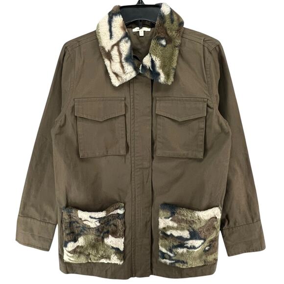 Mystree Jacket Womens S Green Brown Faux Fur Camo Zip Snap Coat Utility Military - Picture 1 of 13